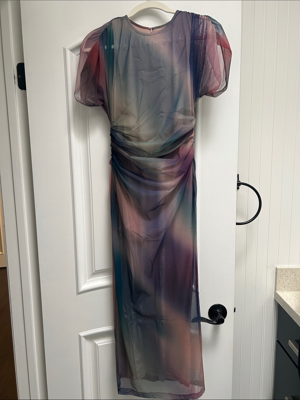 Amanda Uprichard Multicolor Sheer Midi Dress in Purple, Blue & Pink